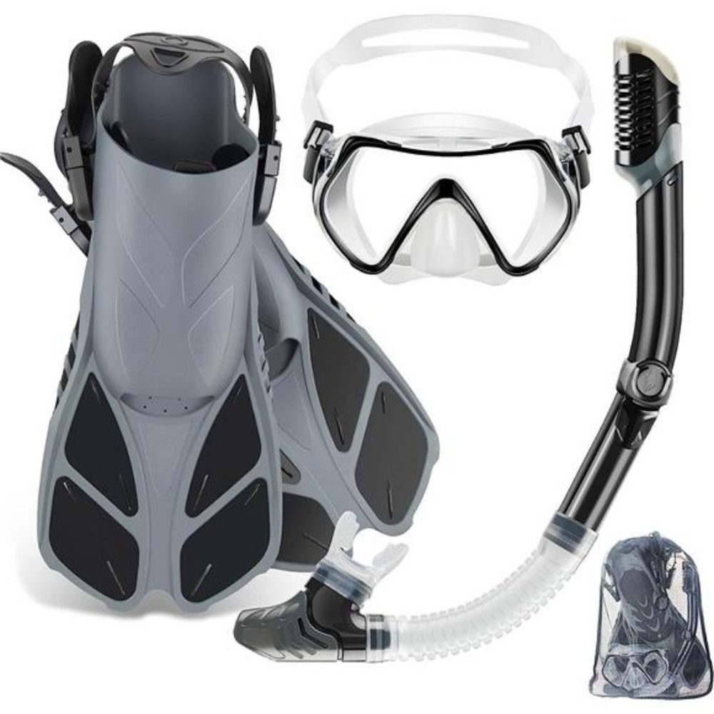Mask Fin Snorkel Set, Travel Size Snorkeling Gear for Adults with Panoramic View